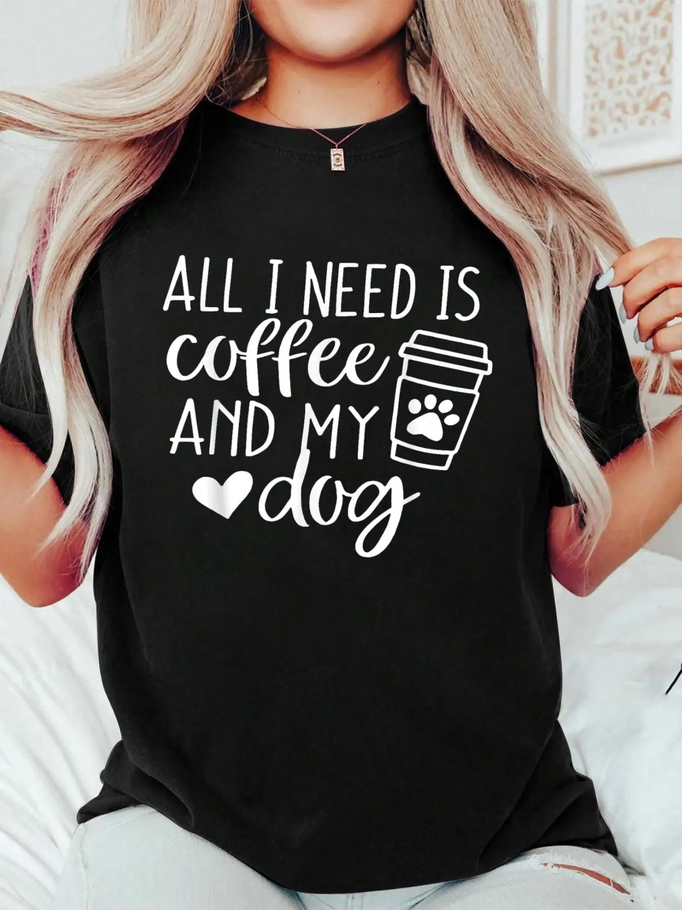 All I Need is Coffee and My Dog T-Shirt for Women Dog Mom T-S Print T-Shirt Casual Crew Neck Short Sleeve Comfort Tee Top For Spring & Summer Women's Clothing