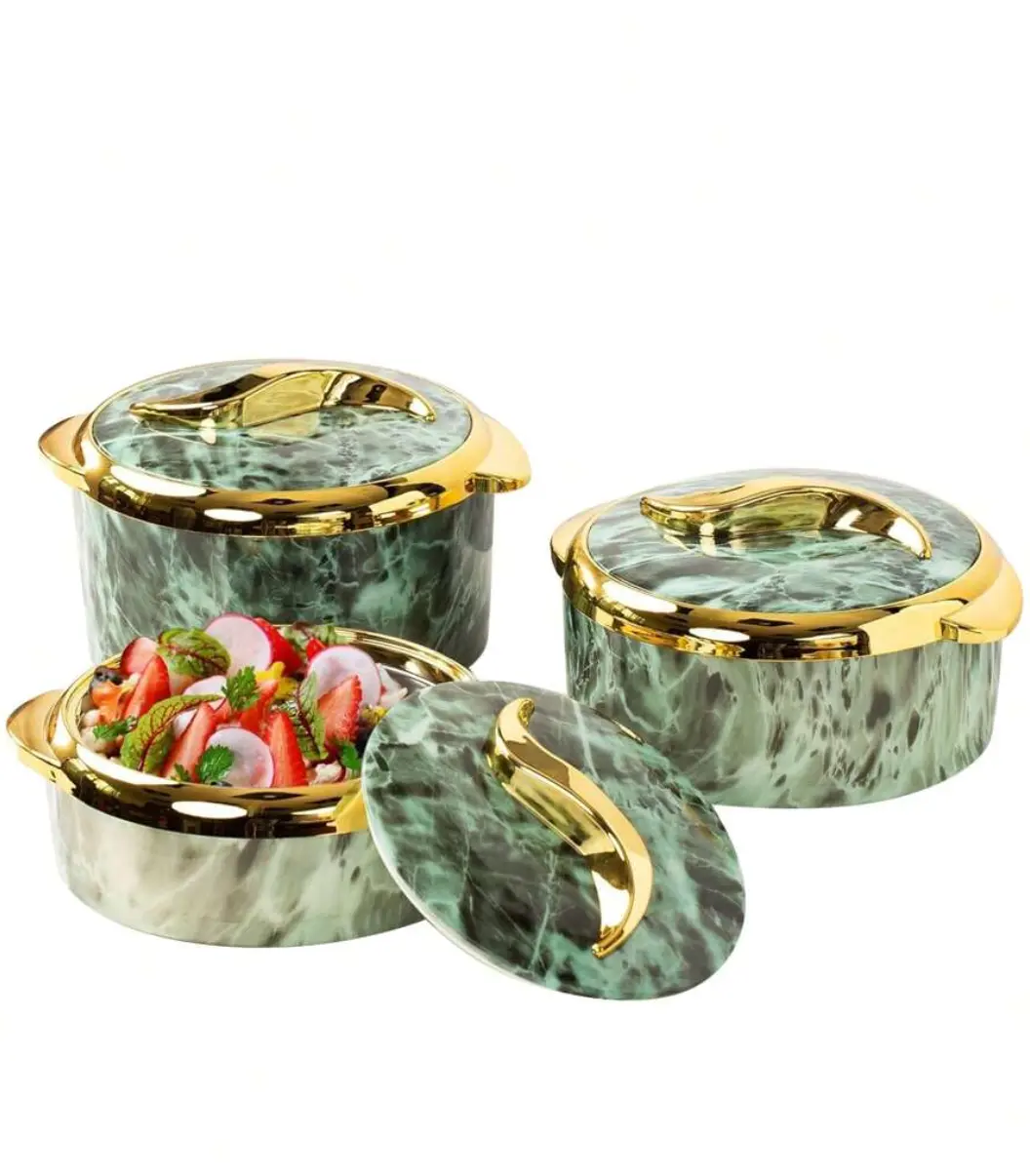 3-Piece Insulated Marble Design Casserole Dish Set - Stainless Steel Thermal Food Warmer with Lids, Heat-Resistant Serving Bowls for Cold/Warm Storage, Party-Ready Kitchen Containers, Insulation