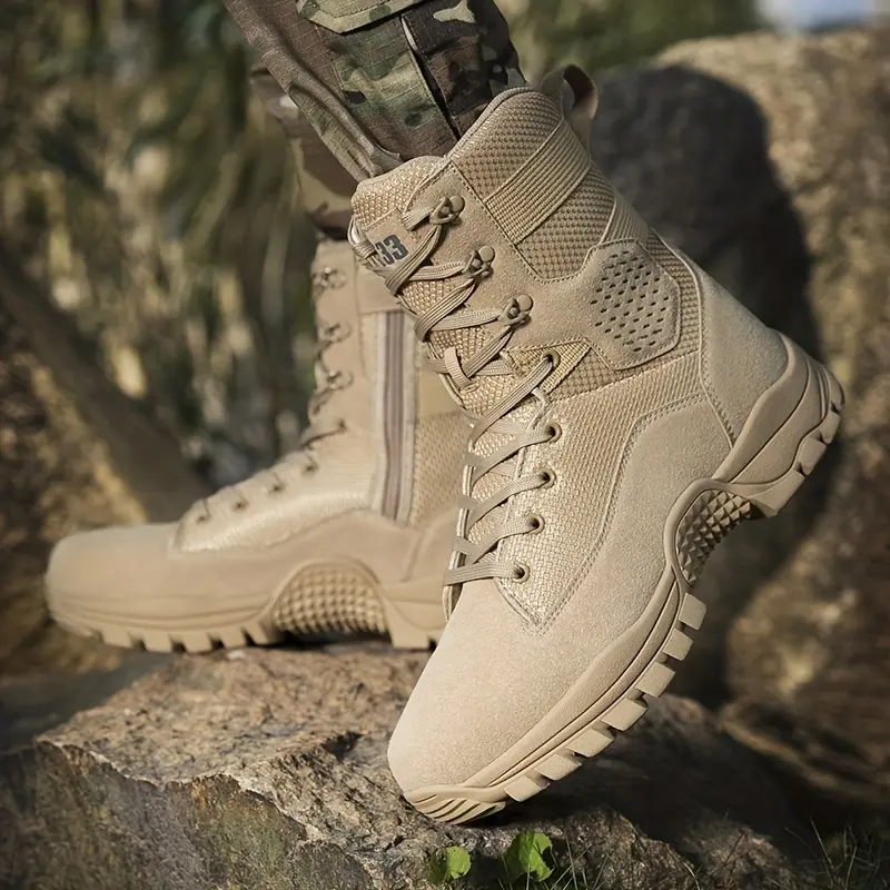 Men's Solid High Top Tactical Work Boots With Side Zipper, Non Slip Comfy Durable Boots For Outdoor Hiking Activities