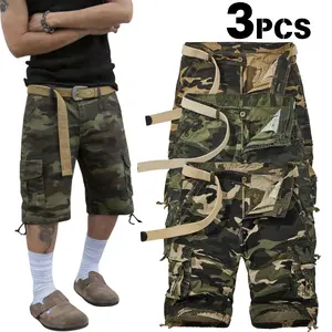Men's Camo Cargo Shorts 3-Pack - Belt-Style Multipocket Half-Length Casual Shorts, Stylish Loose Fit, Drawstring Cuffs, Durable Shape-Retaining Comfortable Fabric, Ideal for Outdoor Activities, Camo Shorts, Men's Cargo Shorts