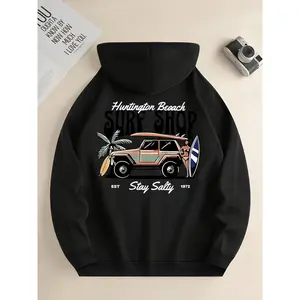 Women's Long Sleeve Hoodie with Vintage Surf Shop Graphic Print - Huntington Beach Surf Design & Surfboard Art, Soft Hooded Sweatshirt with Kangaroo Pocket, Adjustable Drawstring, Retro Surf Style for All-Season Casual Wear