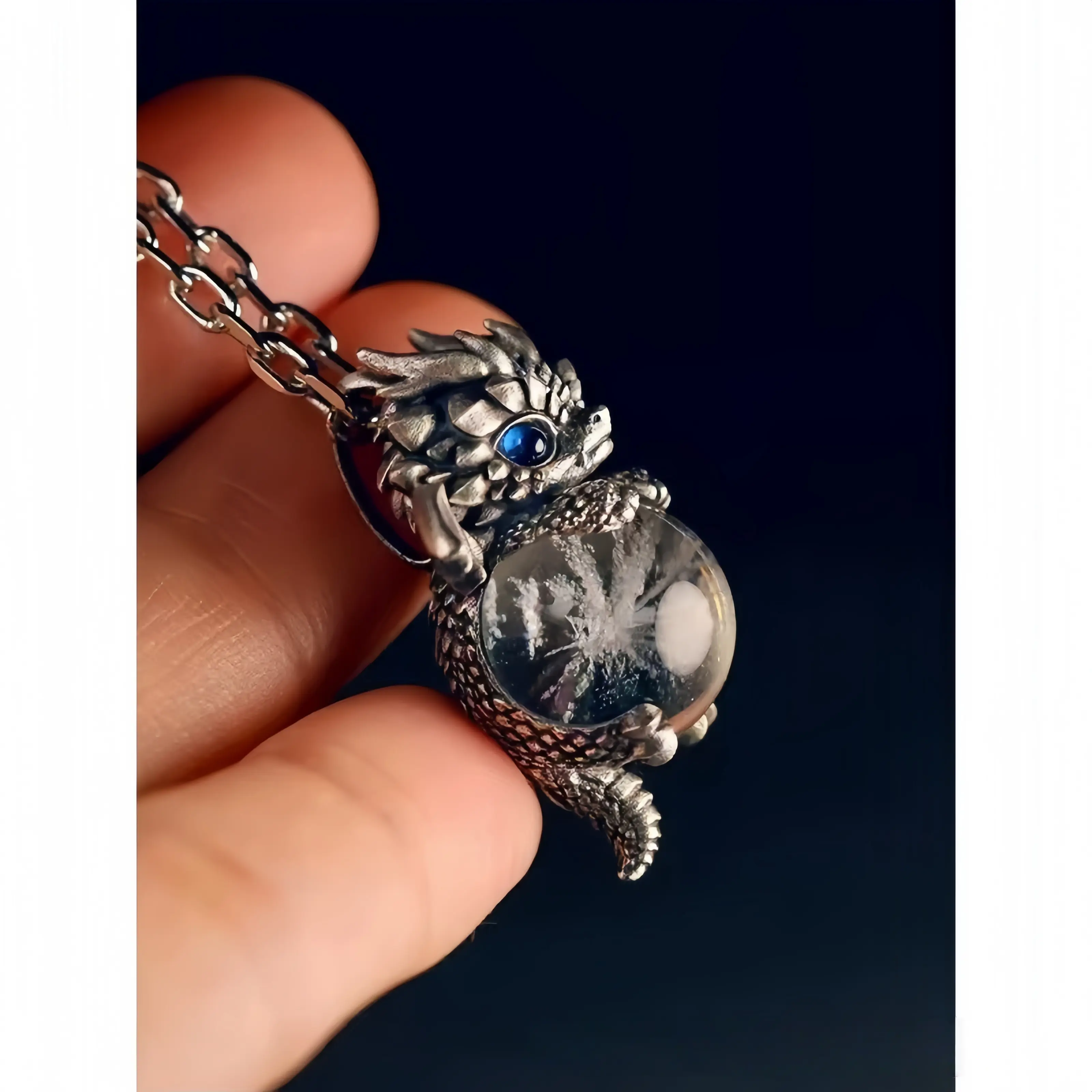 2025 New Unisex 3D Cute Little Flying Dragon Pendant Necklace - Blue-Eye Bead-Holding Design, Retro Personality, Cuban Link Chain, Daily Wear, Exquisite Jewelry Gift, Charm Necklaces
