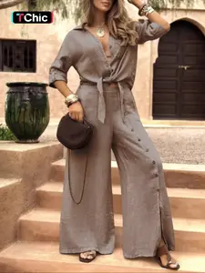 Women's 2-Piece Set Tie-Back Long Sleeve Shirt + Single Button Wide Leg Pants, Vintage Loose Fit Casual for All Seasons