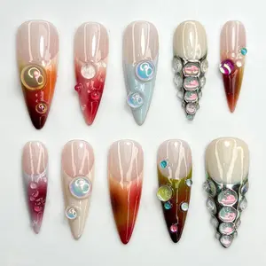 Iridescent Gradient Bubble Press On Nails | Glassy Chrome Pearl Accents | Color Fade Stiletto Nails | Chrome Bubble Nail Art