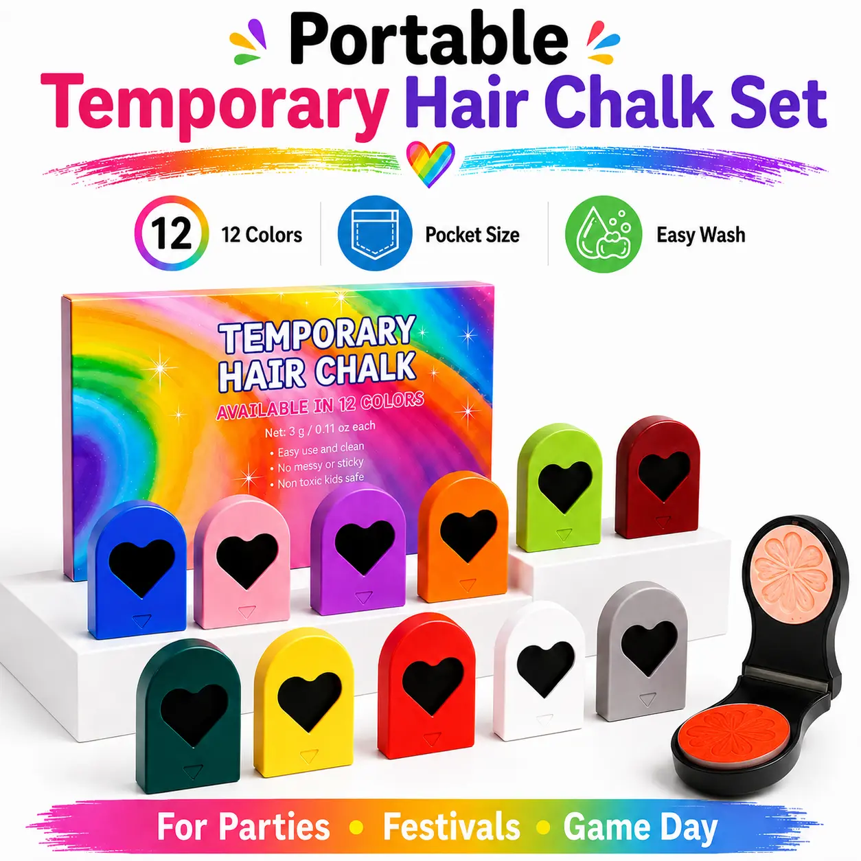 Portable Temporary Hair Chalk Set - 6/12 Colors, Pocket Size, Easy Wash - Perfect for Parties, Festivals, Game Day