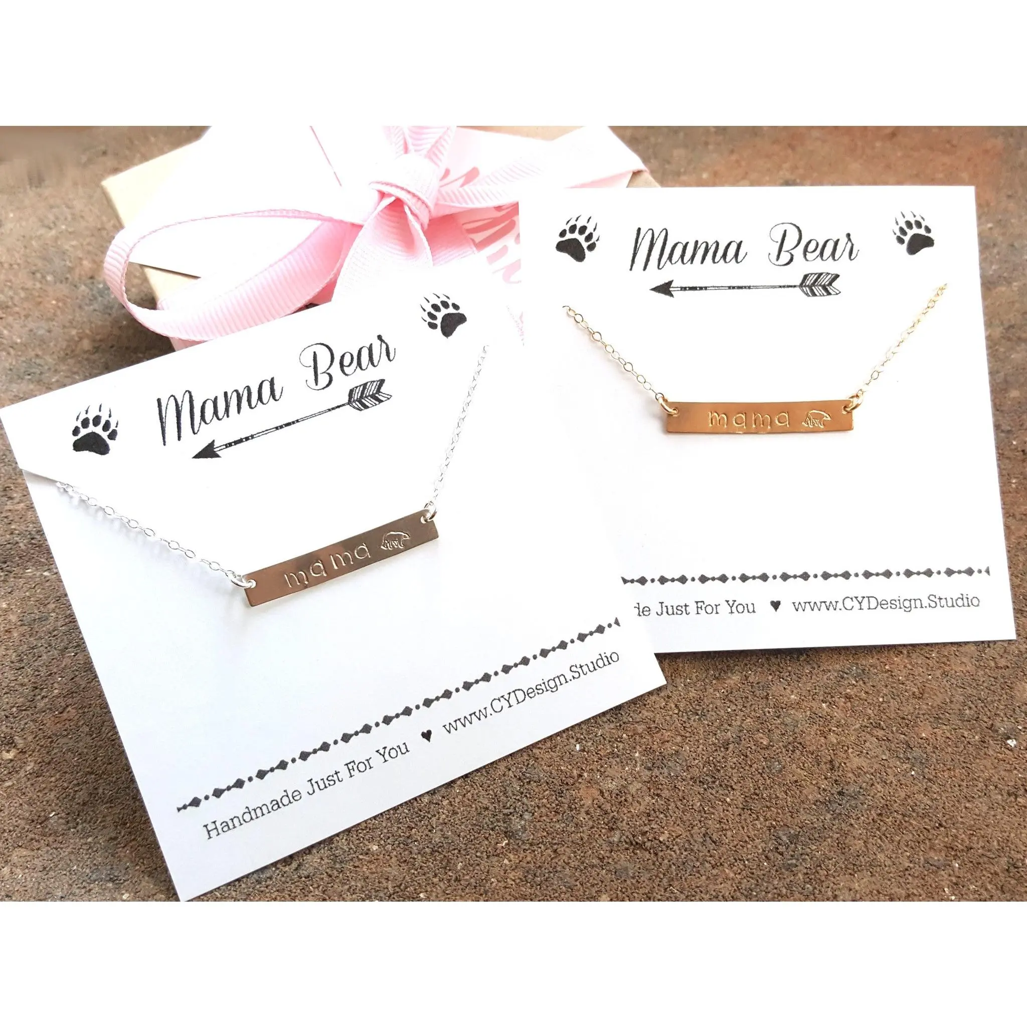 Mama Bear Hand Stamped Bar Necklace