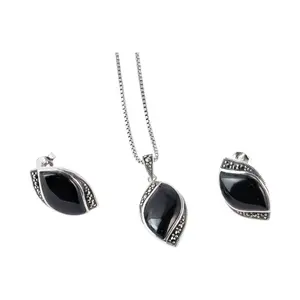925 Sterling Silver Marcasite Black Leaf Jewelry Set – Necklace 16” 18” 20” (1mm Box Chain) + Earrings