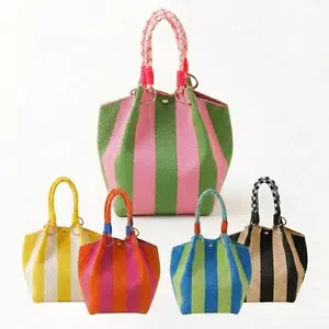 Women's Striped Knitted Polyester Handbag - Braided Rope Handles, Snap Lock, Multi-Function Mini Bucket, Summer Beach Tote & Reusable Gift for Daily Use, Bags for Women Purses tiktokshopspringglowup outdoorfun