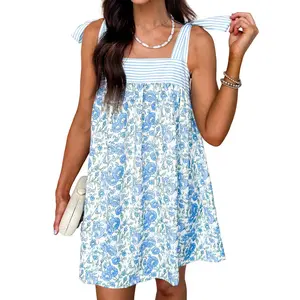 Floral Print Striped Patchwork Bow Knot Straps Mini Dress