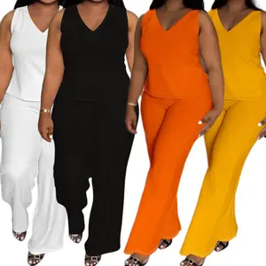 2025 Plus Size Summer Women's Two Piece Set - Elegant Sleeveless V-Neck Top & Wide Leg Pants | Casual Outfits for Women | TikTok Viral Outfit, Beachwear, Street Style Fashion