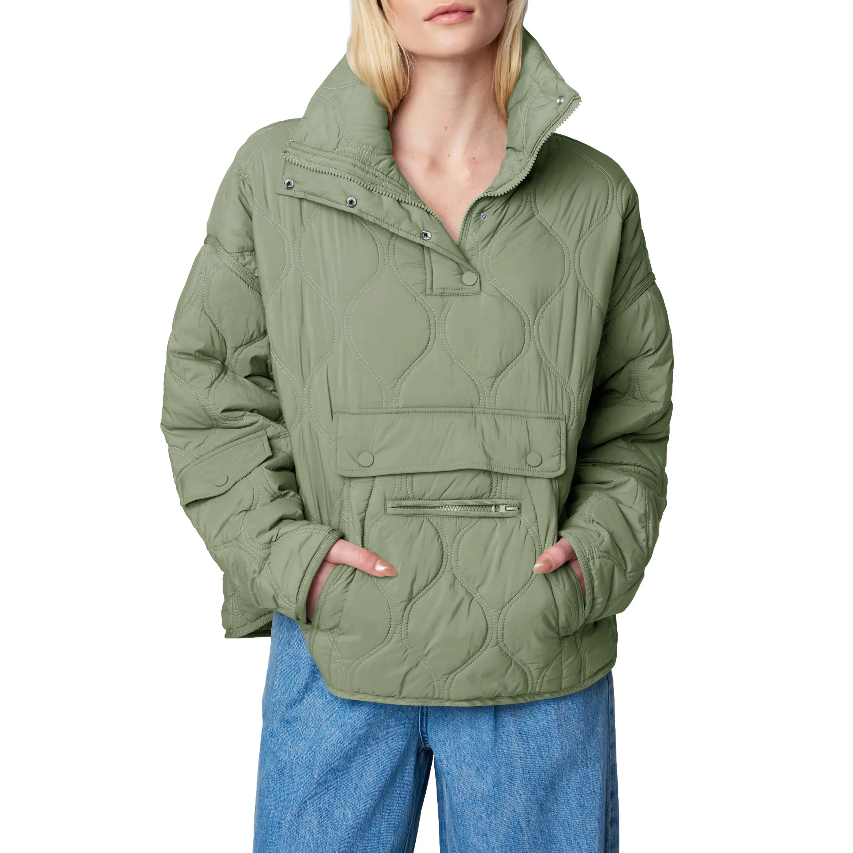 Women's Quilted Puffer Pullover Jacket - Longsleeves Half-Zip Lightweight Tops for Women with Pocket, Casual Outerwear