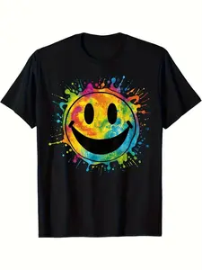 100% Premium Cotton T-shirt Retro Happy Face Rainbow Tie-dye Splatter – 70s Peace Smile T-Shirt