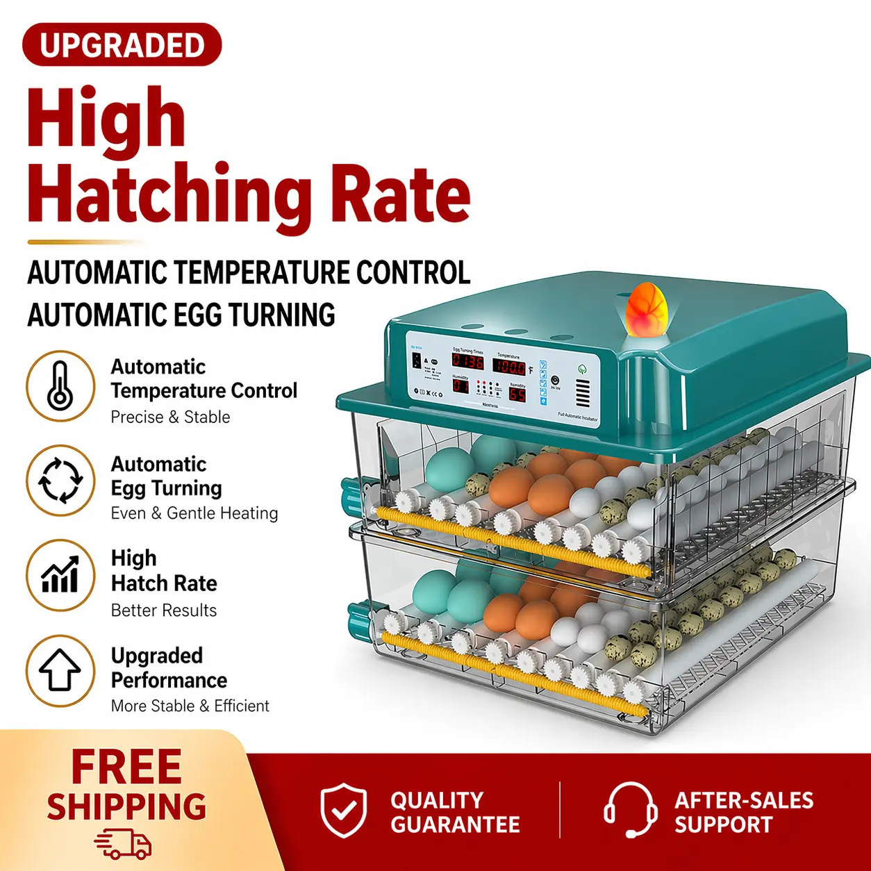 Automated 120-Egg Poultry Incubator for Hobbyists & Professionals, Smart Climate & Humidity Control, 360° Turner, Universal Adjustable Tray, 12V Battery, LED Candler for Better Hatching Success