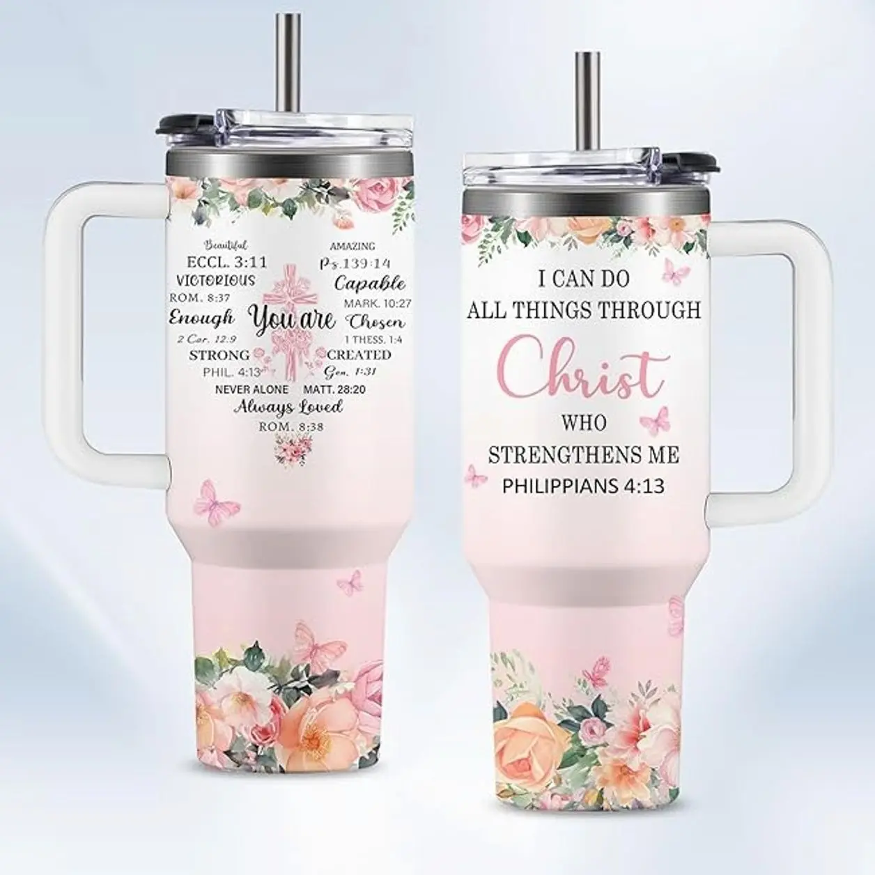 Christian Inspirational Tumbler 40oz, Bible Verse Travel Mug with Handle - You Are Enough, Strong, Amazing, Never Alone God Quotes, Gift for Women