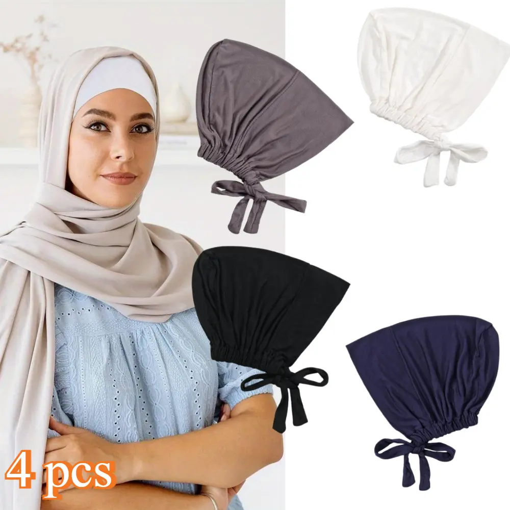 Women's 4-Piece Modal Hijab Undercaps - 4pcs Mix Soft Breathable Flexible Inner Hats with Adjustable Tie-Back, Machine Washable, One Size Fits Most for Daily Use, Trip, Cooking