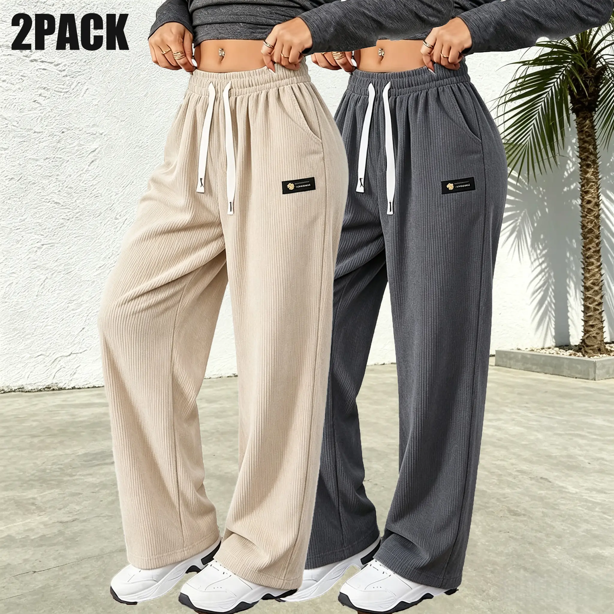 Women's 2-Pack Autumn Winter Soft Corduroy Wide-Leg Bottoms - Vertical Ribbed Texture, Elastic Drawstring High Waist, Slimming Drape, Straight Cut, Side Pockets, Minimalist Logo, Casual Floor-Length Lady Pants with Basic Elegance Style, Comfortable, Women