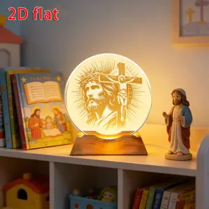 2D Flat Crystal Glass Night Light Jesus Cross LED Touch Color Changing, Adjustable Atmosphere Light USB Powered Religious Table Lamp Home Office Decor