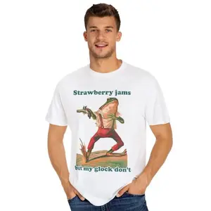 Strawberry Jams But My Glock Don't Funny Meme Tee, Unisex Casual Short Sleeve For Daily Streetwear