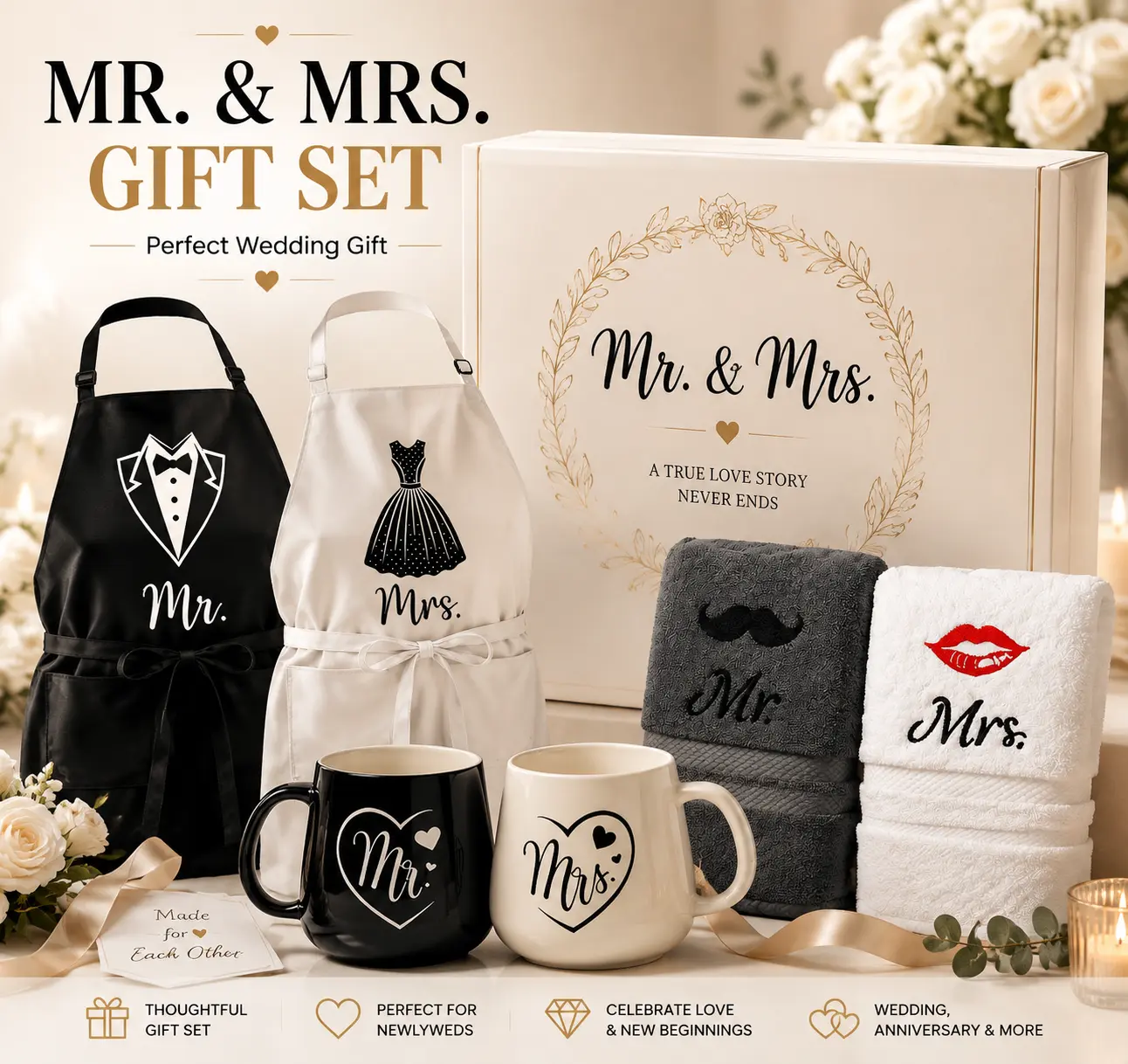 7 Piece His and Hers Mr and Mrs Wedding Gifts Set for Couples Bride To Be Bridal Shower Engagement Newlyweds Anniversary with Aprons Coffee Mugs 100% Cotton Towels Romantic Couple Gift Set