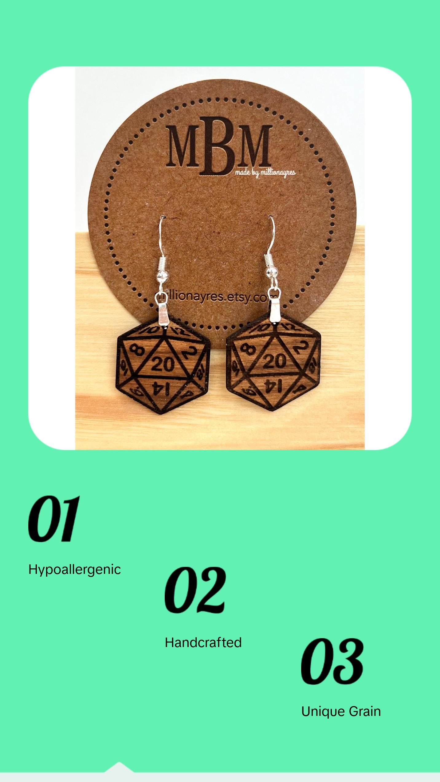 D20 DICE Walnut Earrings Silver S925 clamp style hooks- D & D inspired Walnut Earrings