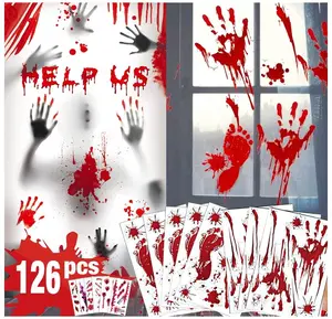 Halloween Decorations 126 PCS Halloween Window Clings, 8 Sheets Bloody Handprint Footprint Halloween Wall Decal Floor Clings with Tattoo Stickers, Scary Halloween Decoration Window Stickers