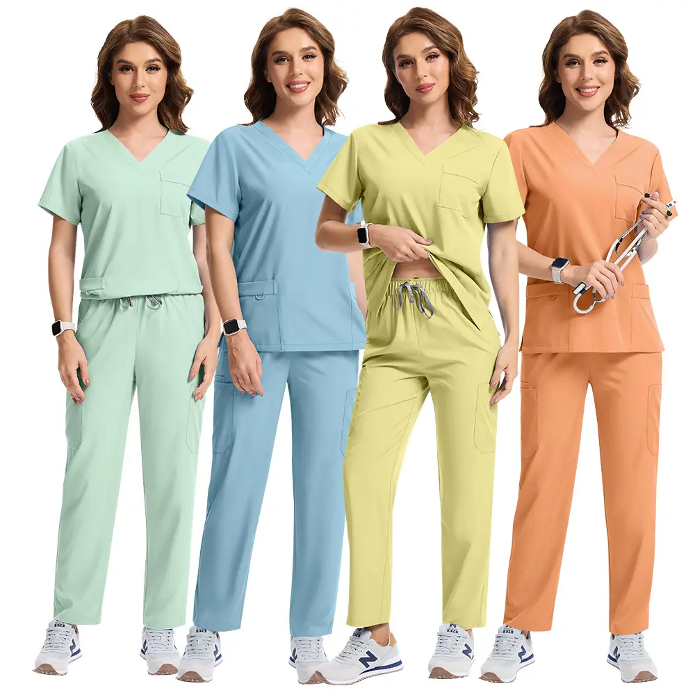 Scrubs for Women, V-Neck Scrubs Top & Cargo Pants with 12 Pockets, Yoga Waistband, 4 Way Stretch