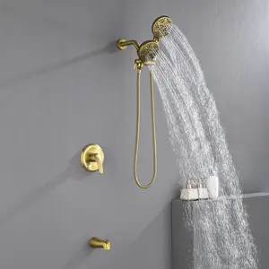 Wall Mounted Tub Shower Faucet 7-Spray Handheld Shower Combo with Valve & Dual 2 In 1 Shower Head in Brushed Gold, Brushed Nickel, Matte Black, Chrome