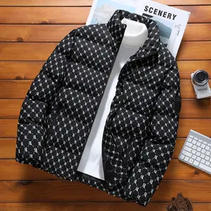 Men's Winter Full Print Letter B Stand Collar Cotton Jacket Warm Loose Fit Bread Coat Trendy Streetwear Couple Outerwear Menswear Love