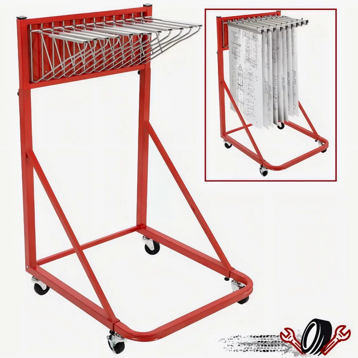Adjustable Red Steel Powder Coated Mobile Blueprint Storage Rack - 12 Pivot Brackets, 240 lbs Capacity, Architectural Drawing File Holder & Wrapping Paper Holder