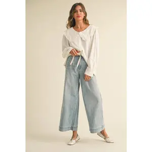 Tied Together Washed Denim Tie Front Pants - Denim