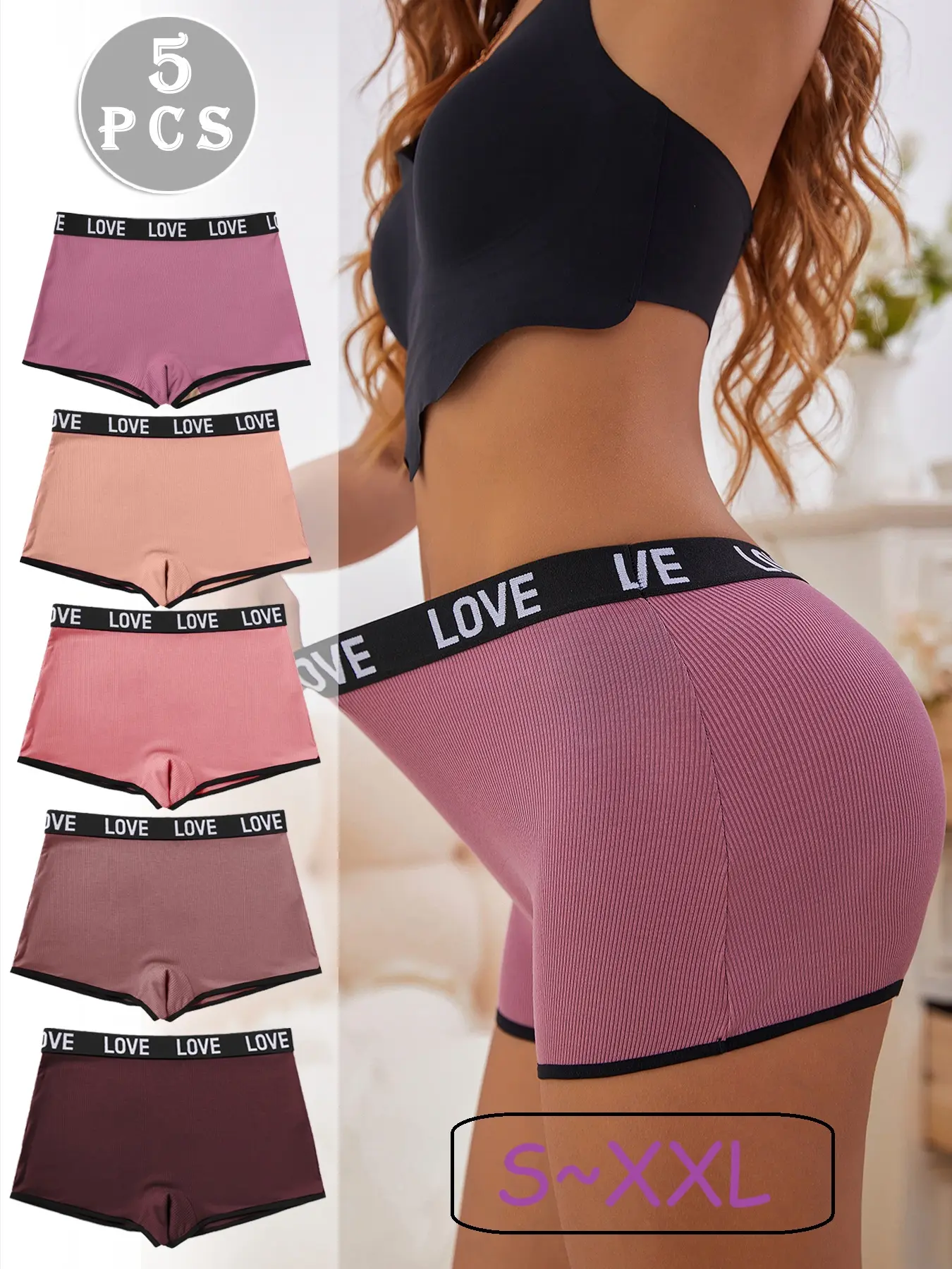 5 Pack Ladies Boyshorts with Trendy Love Letter Waistband, Soft Comfortable Fabric for All Seasons, Fitted Casual Women's Underwear, Fashion Comfy Underwear, Fitted Panties, Soft Comfy Panty