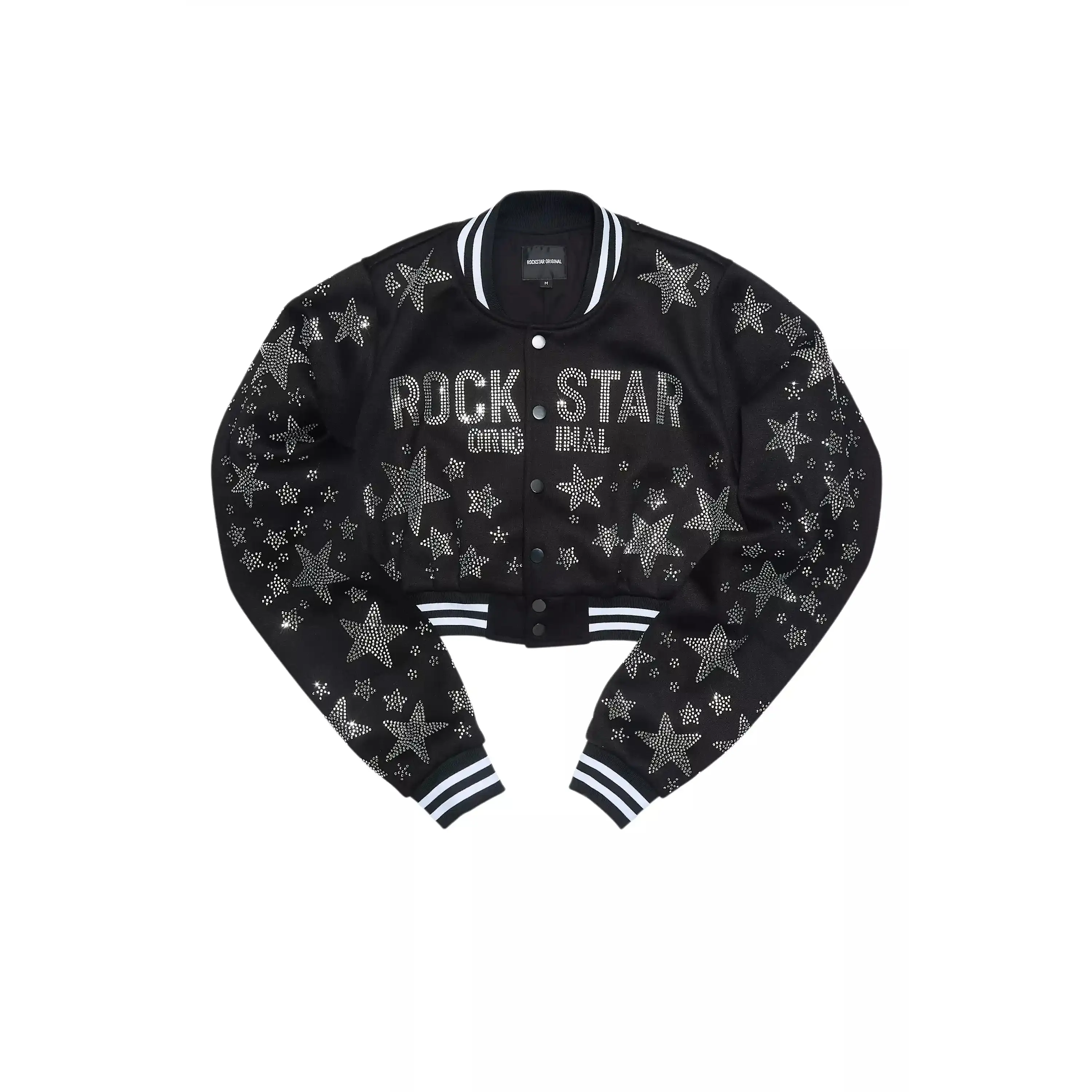 Shanda Black Crop Rhinestone Varsity Jacket