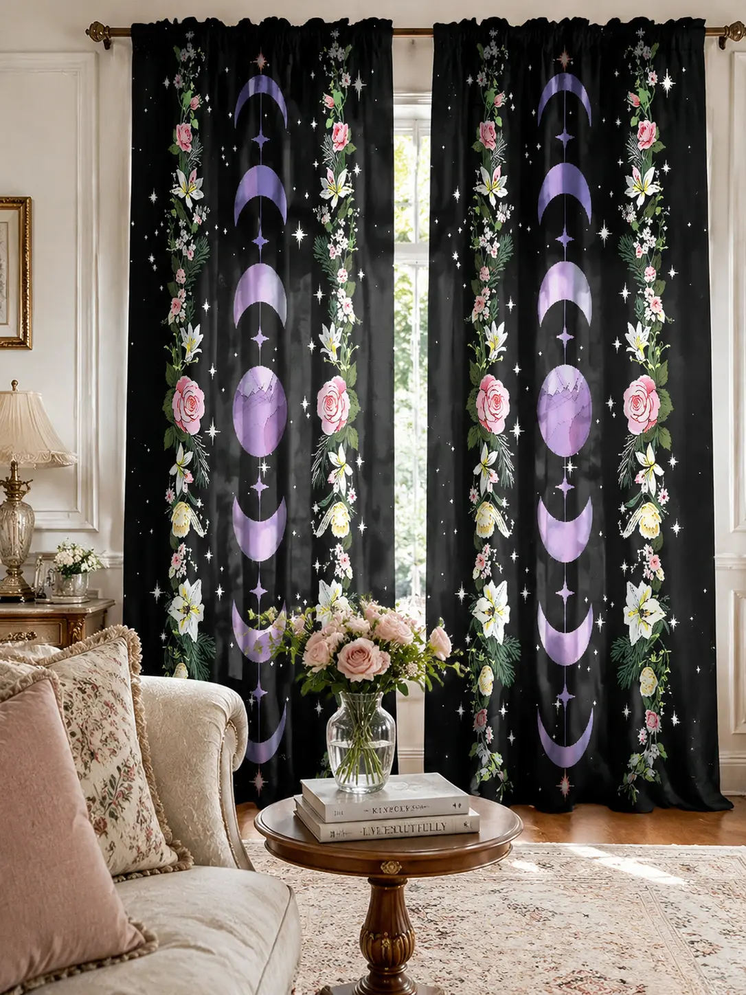 Boho Gothic Witchy 2-Piece Digital Print Curtain Set, 2m Purple Moon Phase-Floral Crescent Star Rose Drapes, Durable Fade-Resistant Light Filter Semi-Sheer Fabric for Bedroom/Living Window