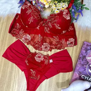 set de brasiel  brasileroXimenas'k EverydayPanties underweargirls's daily Feminine Lingerie Charming Red Floral Lace Bra & Panty Set for Women - Elegant Comfortable Underwear with Embroidered Detail Womenswear set Love