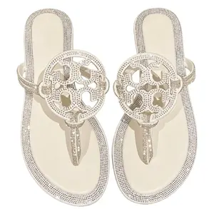 Women's White Rhinestone Flip Flops, Sparkly Round Cutout Flat Thong Sandals, Crystal Embellished Summer Beach Slippers, Casual Open Toe Slide Sandals for Vacation Party Daily Wear