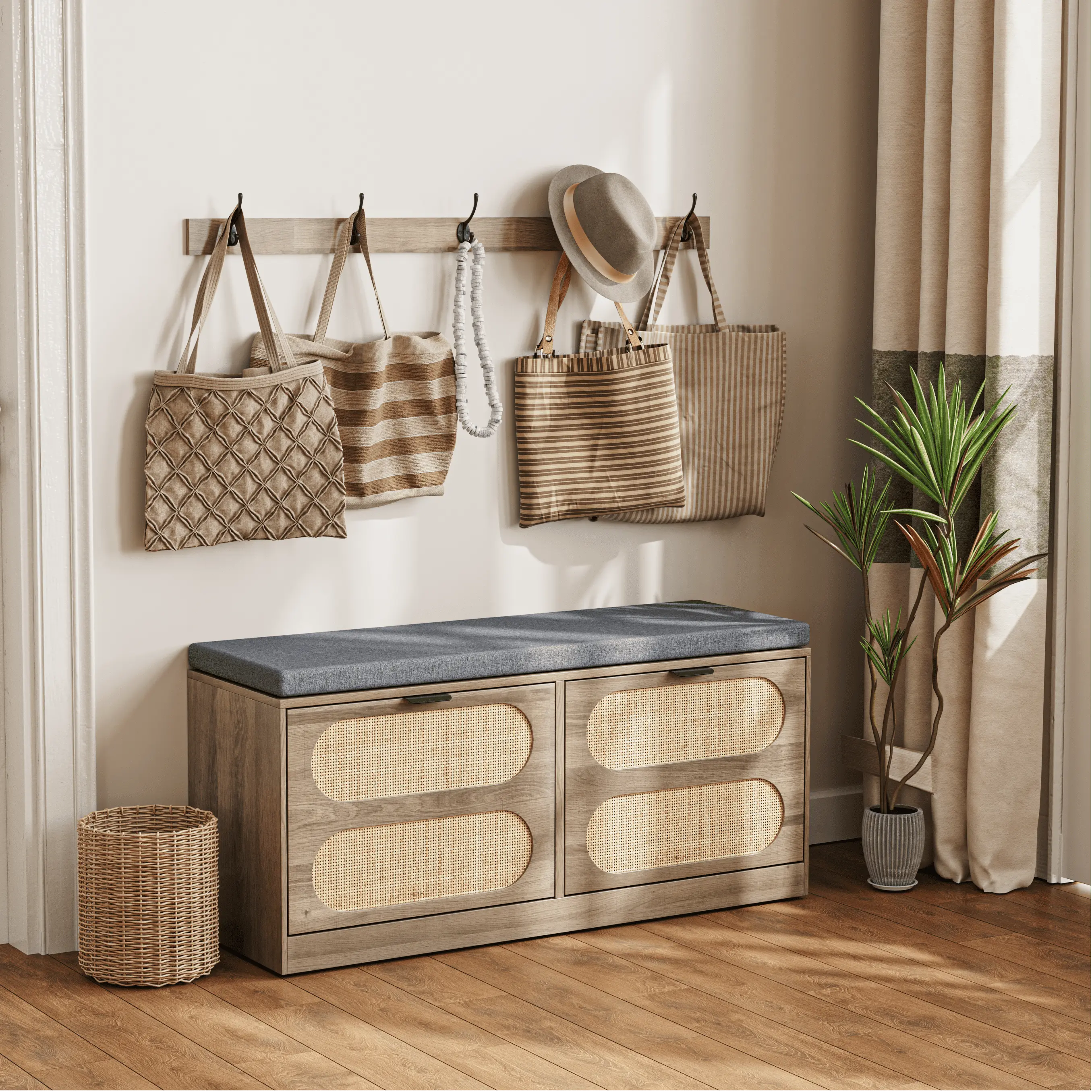 ABCASA Rattan Multifunctional Storage Bench - Cushioned Stool with Cushion, Coat Rack, 41.3" Flip Drawer Shoe Cabinet for Small Spaces, Indoor Space-Saving Small Storage Bench, Multifunctional Storage Benches