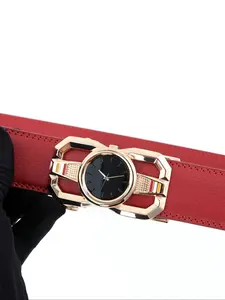 New Trendy Leather Belt with Clock Dial Alloy Automatic Buckle, High-End Fashion Business Waistband for Men, Casual All Seasons, Trendy Exquisite Casual Dress Belt