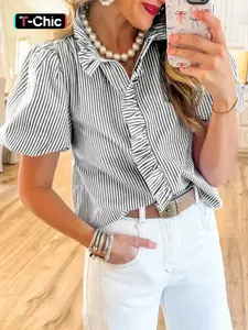 Summer Women's Blue Contrast Striped Bubble Sleeve Stand Collar Pleated Casual Commuter Short Sleeve Button Shirt