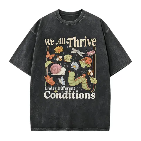 Neurodiversity T-Shirt | Designed for Special Education Teachers and Mental Health Advocates with "We Thrive in Different Environments" Slogan, Colorful Insect and Floral Pattern, Regular Fit Short Sleeve Casual Top, Hand Wash Onl