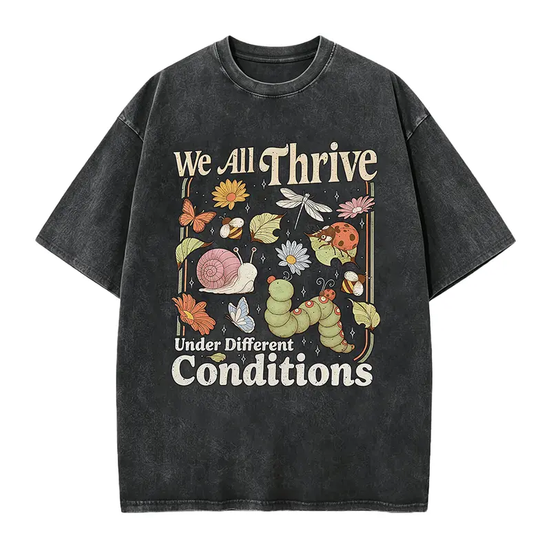 Neurodiversity T-Shirt | Designed for Special Education Teachers and Mental Health Advocates with "We Thrive in Different Environments" Slogan, Colorful Insect and Floral Pattern, Regular Fit Short Sleeve Casual Top, Hand Wash Onl