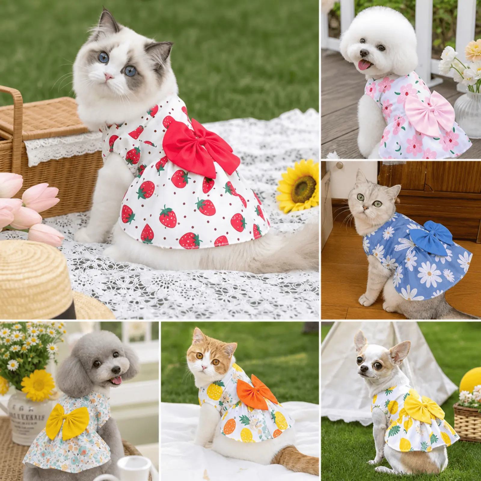 Strawberry Dog Dress for Small Dogs and Cats, Cute Summer Puppy Dress with Bow, Lightweight Pet Clothes for Photos and Parties