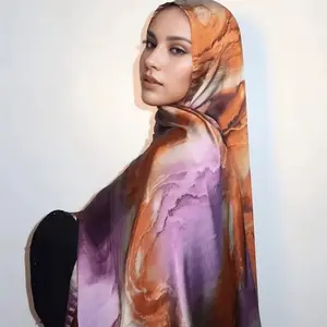 Fashion Ombre Satin Scarf Ethnic Breathable Headscarf Soft Hijab Print Bandana Party