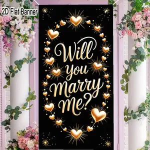2D flat banner, 1pcGolden 'Will You Marry Me?' Proposal Backdrop, Heart & Glitter Decorations for Romantic Proposal Photoshoot