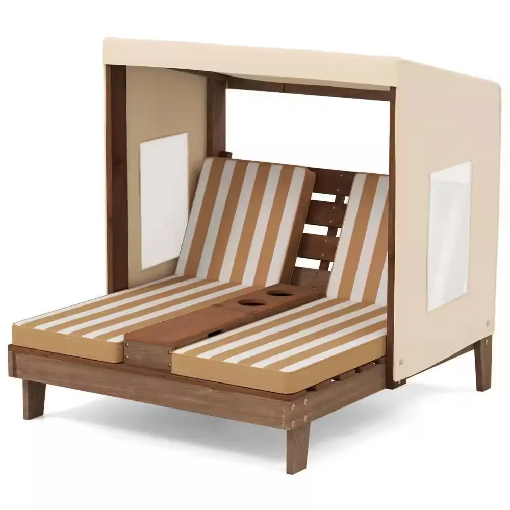 Wood Outdoor Kids Double Chaise Lounge Cup Holders & Awning with Brown Cushions