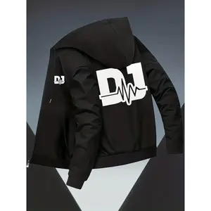 Bmuvlss Men's Slim-Fit DJ Music-Themed Bomber Jacket with DJ Lettering & Sound Wave Logo, Full-Zipper Front, Hooded Collar, Pockets - Autumn/Winter Casual Outerwear for DJs & Music Lovers (Machine Washable)