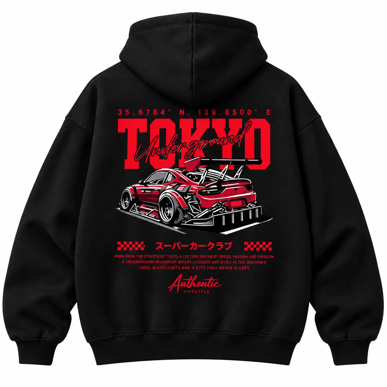 Underground Street Racing Graphic Hoodie, Vintage Car Culture All-Over Print Pullover for Men Fabric Fleece