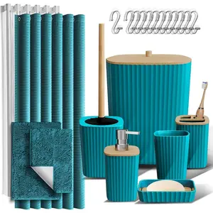 22 Pcs Bathroom Accessories Set - Teal Bathroom Set, Included Large & Small Bath Rugs, Shower Curtain, Shower Curtain Liner, 12 Shower Curtain Hooks, Toothbrush Holder, Soap Dish, Soap Dispenser, Tumbler, Toilet Brush, Trash Can