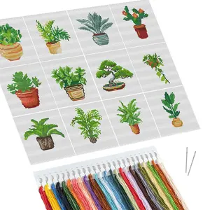 Plant Pattern Embroidery Design Cross Stitch Kit, 12pcs/set 11CT Cross Stitch Printed Canvas Flowerpot Needlework Craft with Tools, DIY Cross Stitch Kit for Beginners