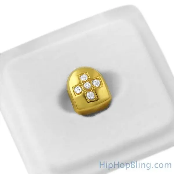 Gold Plated CZ Diamond Cross Tooth Cap - Removable Hip Hop Single Tooth Grill with Custom Fit Silicone Mold, Included Storage Box, Grillz, Teeth Accessory