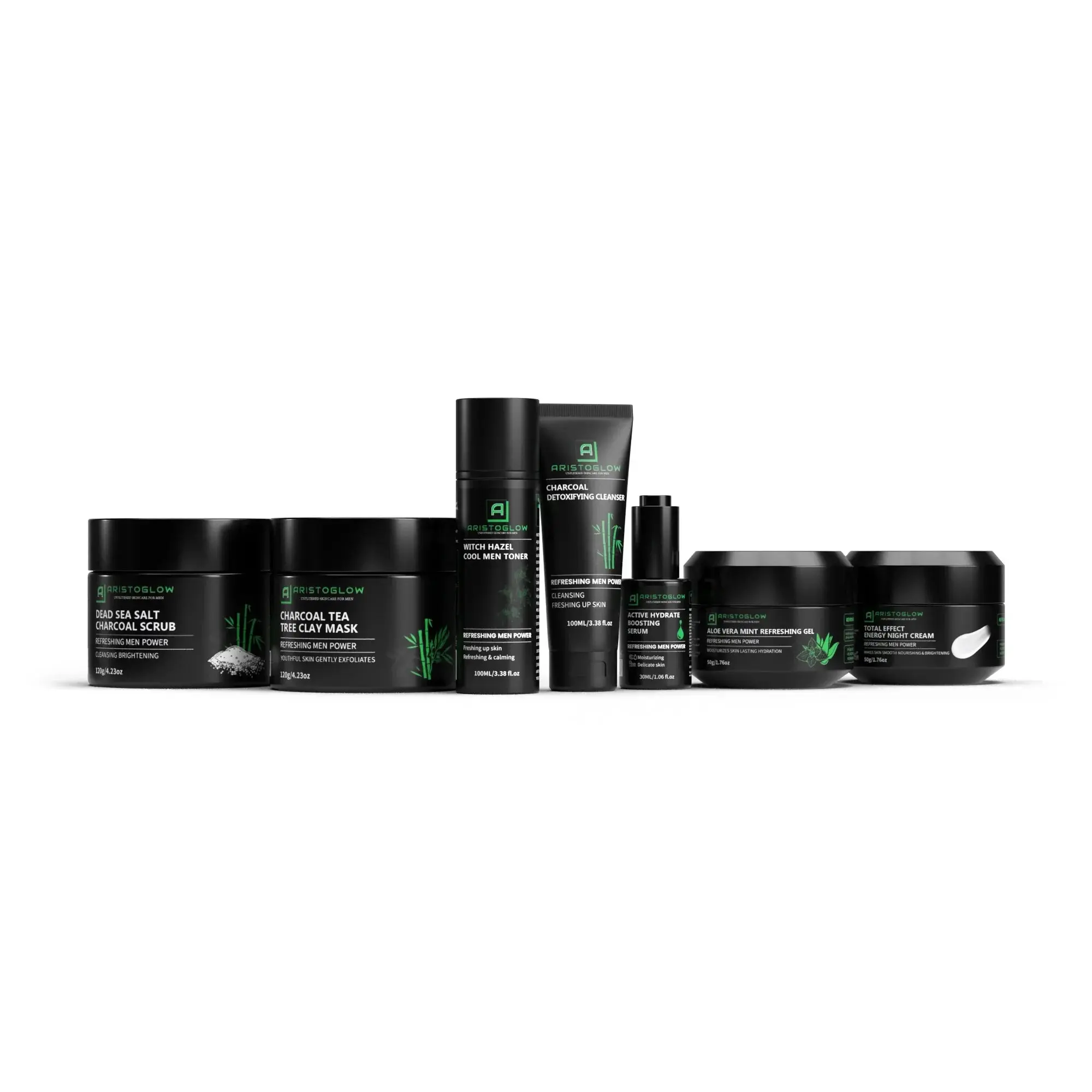 Complete Grooming Skincare Kit addresses acne, dark spots, under-eye bags, and dull skin.- Charcoal Detoxifying Cleanser, Witch Hazel Toner, Hydrating Serum, Aloe Vera Gel, Clay Mask, Dead Sea Salt Scrub, Night Cream for All Skin Types